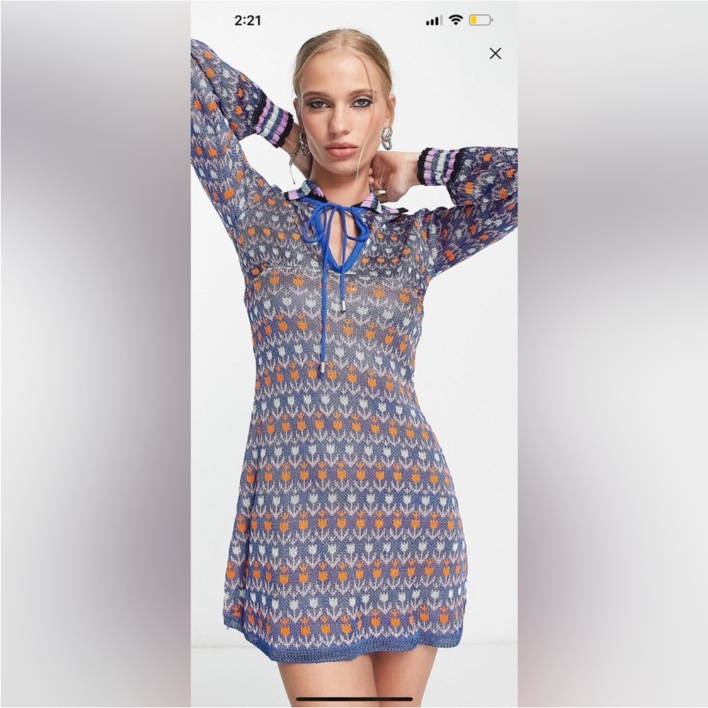 Free People Blue Floral Knit Mini Dress with Orange Accents